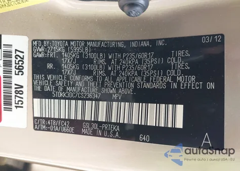 2012 Toyota Sienna Le V6 8 Passenger z USA, uszkodzony, nr VIN 5TDKK3DC7CS236347